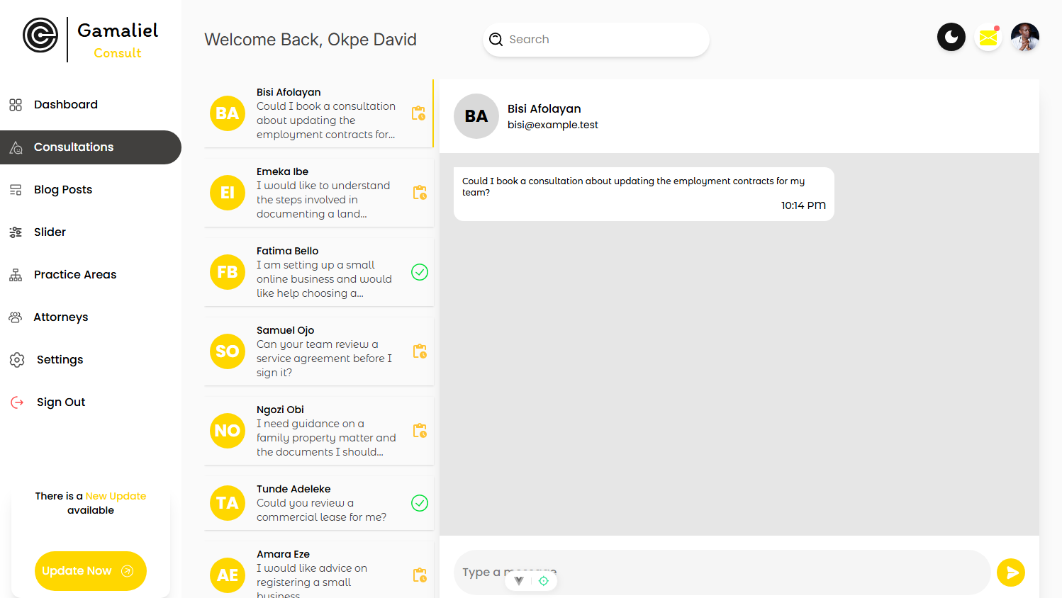 Gamaliel Consult dashboard for reviewing consultation requests