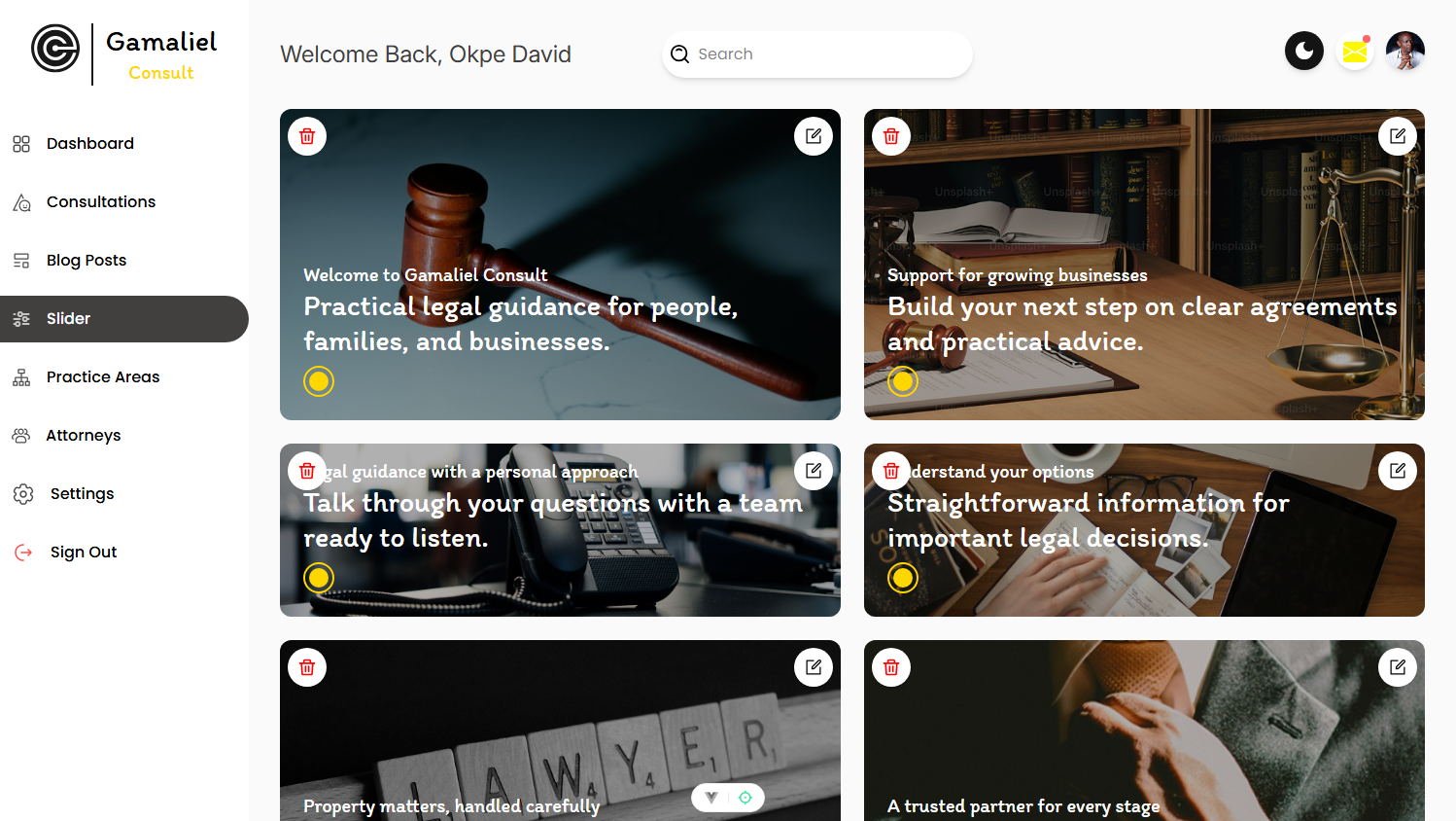 Gamaliel Consult dashboard for managing homepage slider content