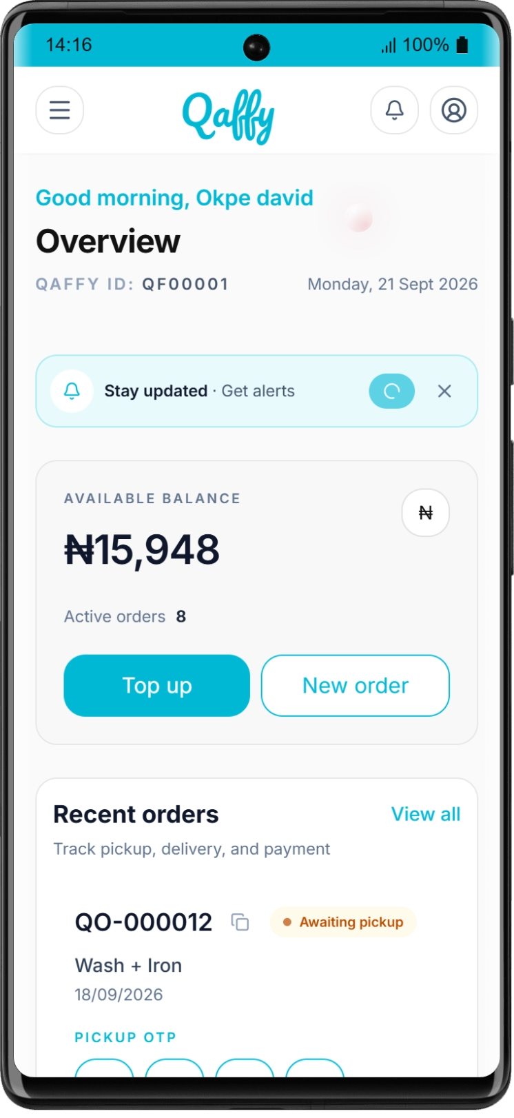 Qaffy customer dashboard for balances and laundry orders