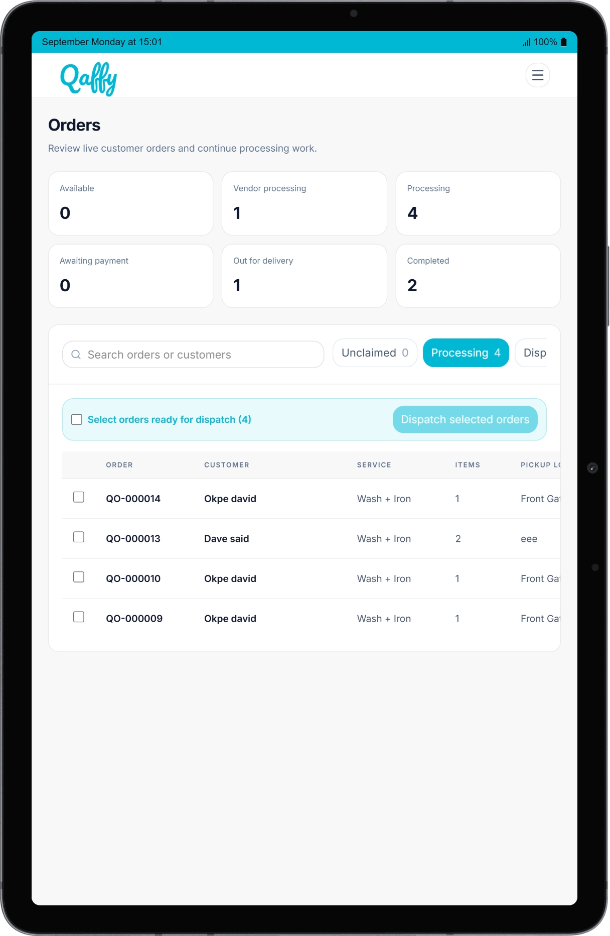 Qaffy vendor workspace for processing and dispatching laundry orders